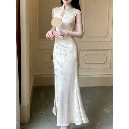 Chinese Satin Jacquard Modified Cheongsam Gown Dress