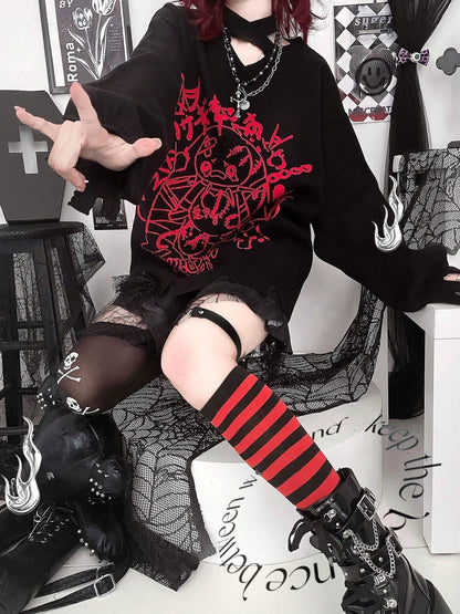 Y2K Punk Bandage Bunny V-Neck Black-Red Sweater