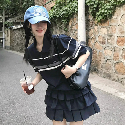 Striped Polo Tee with Puff Sleeves Loose Half-Zip Crop Top