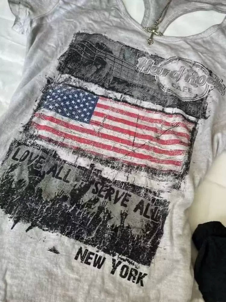 Gray Subculture Punk Y2K Abi E-girl American Retro Cutout Open-Back Print Short Sleeve Top