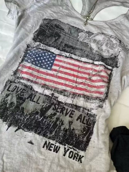 Gray Subculture Punk Y2K Abi E-girl American Retro Cutout Open-Back Print Short Sleeve Top