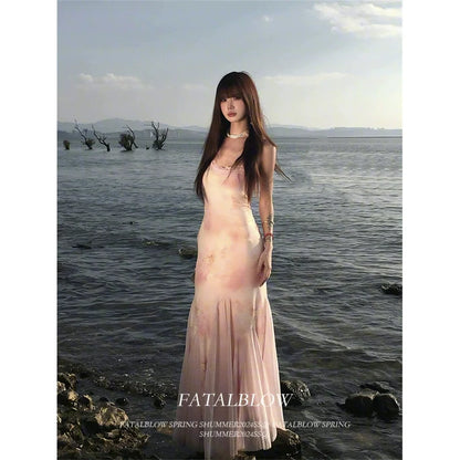 French Pink Floral Tulle Halter Waist-Cinched Slimming Beach Vacation Summer Maxi Dress