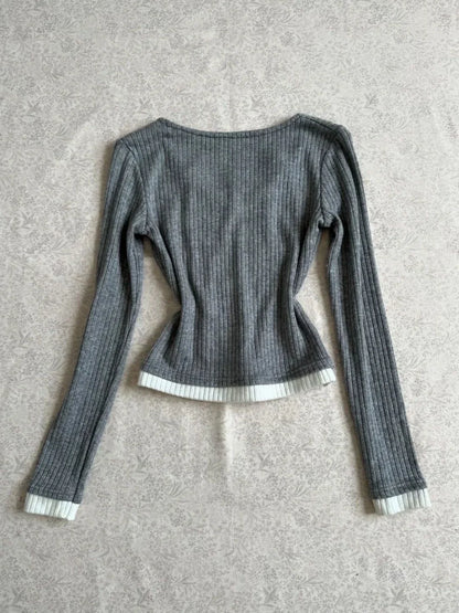 Gray V-neck Fake Two-Piece Subculture Y2K E-girl Light Subculture Vintage  Long Sleeve Top