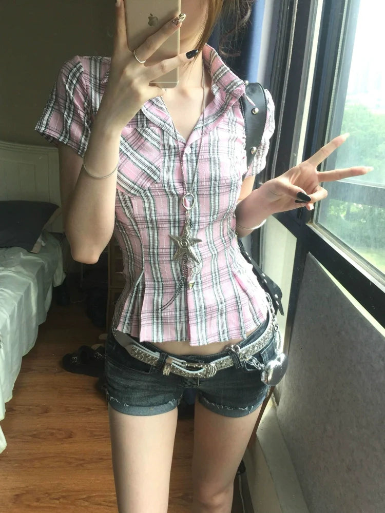 American Checkered Short Sleeve Shirt Summer Slim Fit Preppy College Style Top