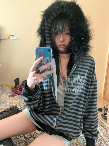 Y2K Faux Fur Collar Stripe Hoodie for Autumn Winter