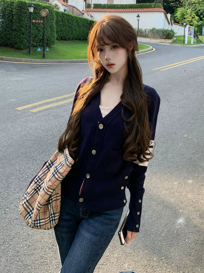Preppy Striped Knit Cardigan Autumn-Winter Slim Fit Sweater Old Money Chic Top