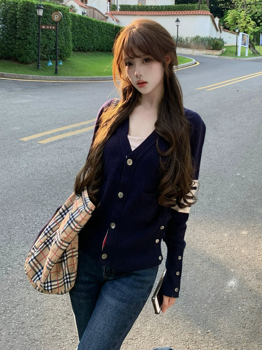 Preppy Striped Knit Cardigan Autumn-Winter Slim Fit Sweater Old Money Chic Top
