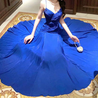 French Asymmetrical Blue Spaghetti Strap Satin Gown Dress