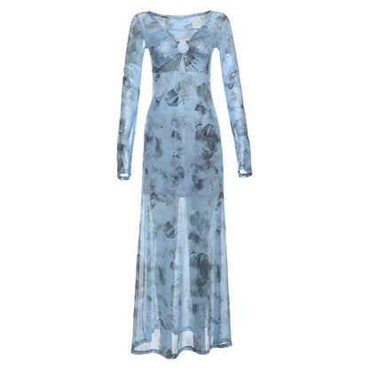 South French Vacation Style Cutout V-Neck Tie-Dye Fitted Slimming Hot Girl Maxi Dress