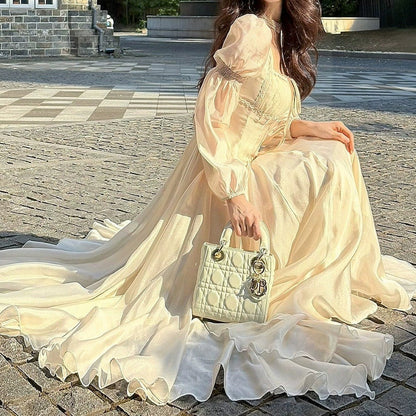 French Vintage Bubble Sleeve Square Neck Gown Dress