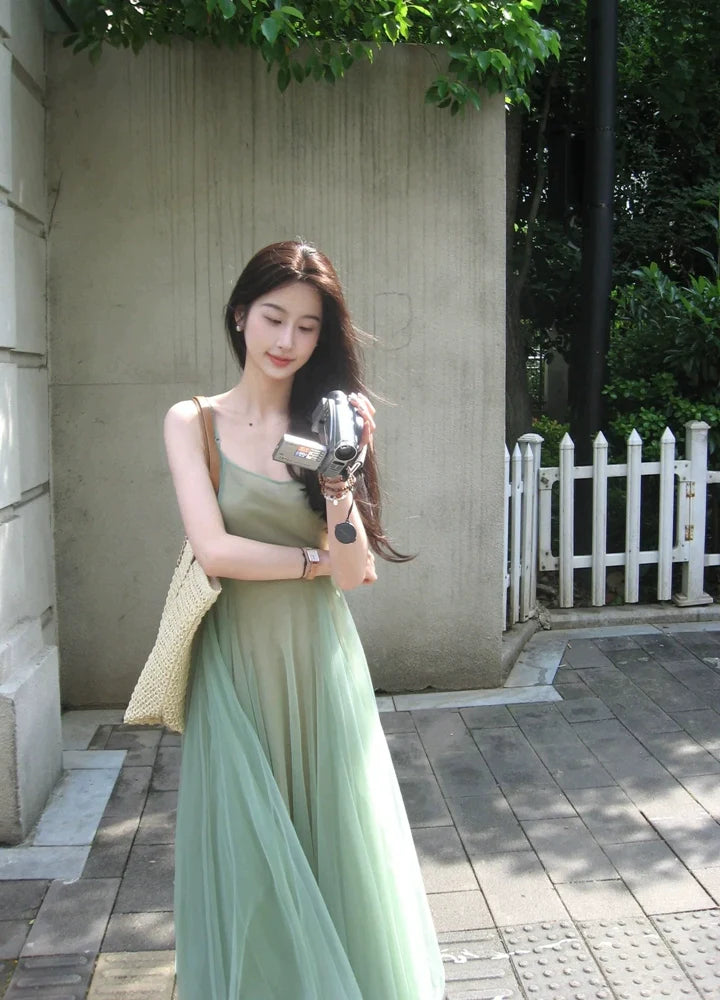Green Mesh Two-Piece Camisole Maxi Dress