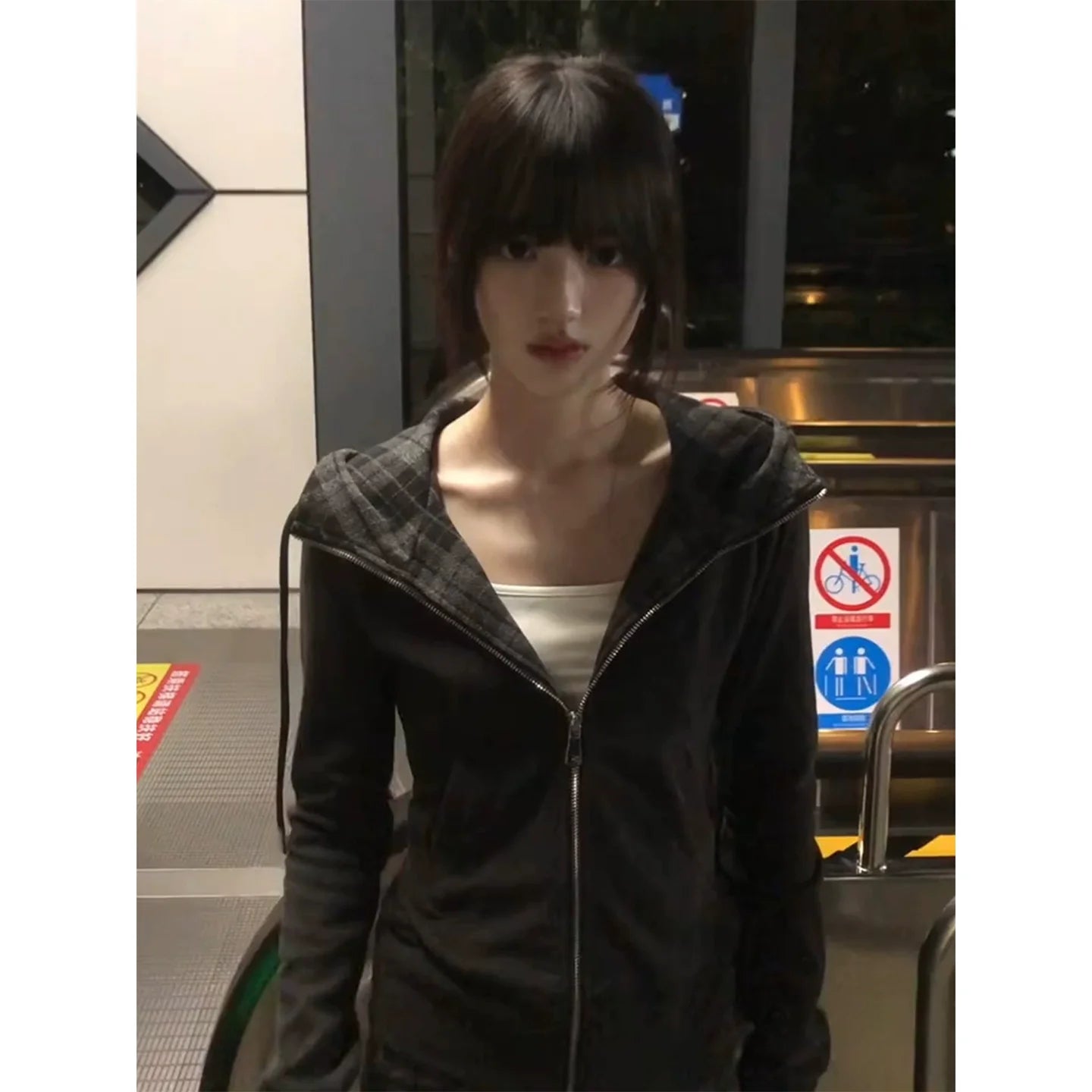 Slim Fit Hoodie Plaid Patchwork Zip Up Top