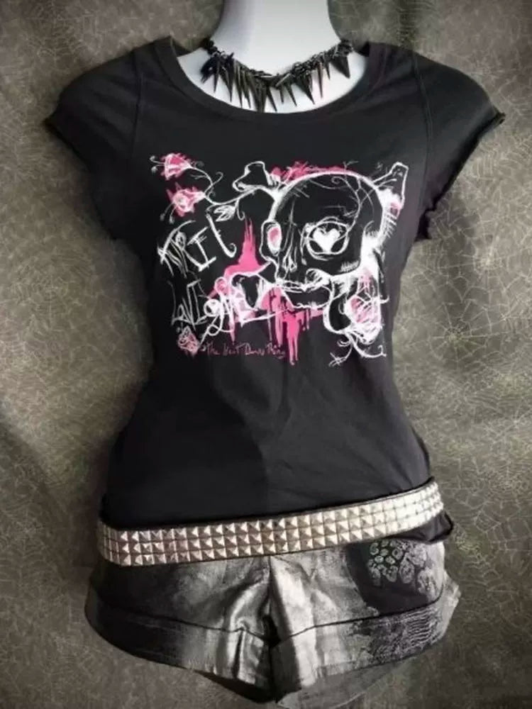 Black Subculture Punk Y2K E-girl Abi American Retro Skull Print Short Sleeve Top (Style 2)