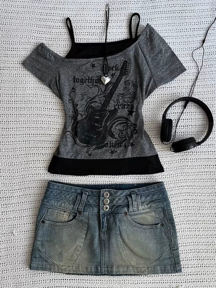 Black Subculture Rock Punk Fake Two-Piece Guitar Print Off-Shoulder Y2K T-Shirt