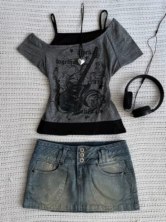 Black Subculture Rock Punk Fake Two-Piece Guitar Print Off-Shoulder Y2K T-Shirt