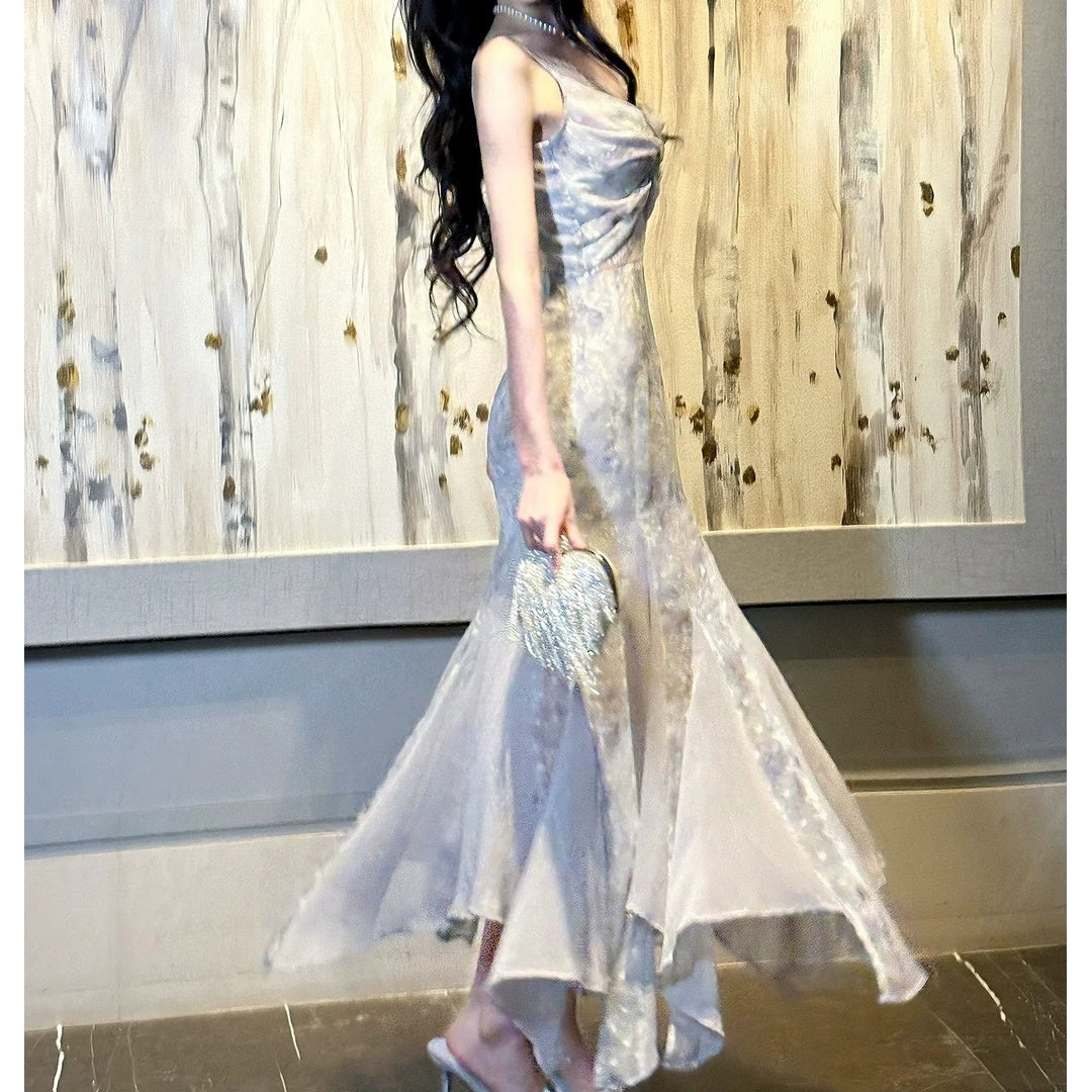 Purple Lace Floral Spaghetti Gown Prom Dress