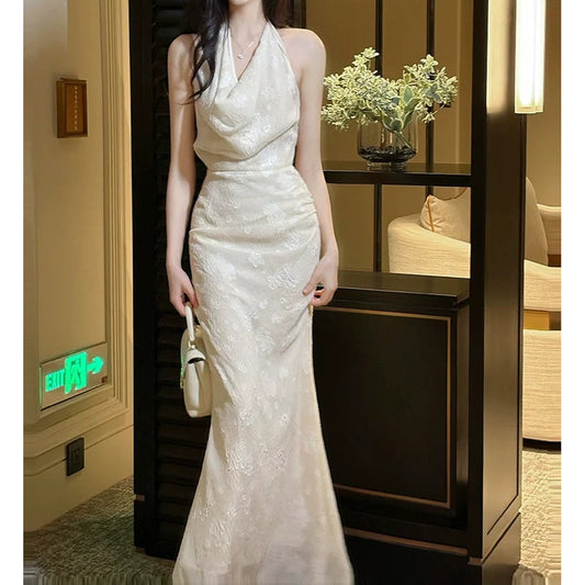 French Spaghetti Strap Draped Back Gown Dress