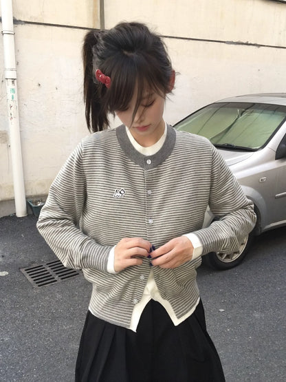 Korean Preppy Striped Knit Cardigan Autumn Loose Fit Layered Sweater Top