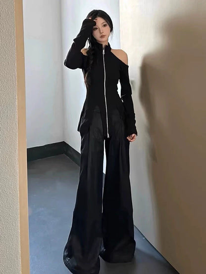 Black Y2K Halter Off-Shoulder Knit Cardigan