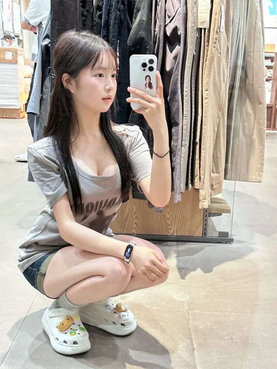 Gray Subculture Y2K E-girl Abi American Retro Phantom Print Light Subculture Short Sleeve Top