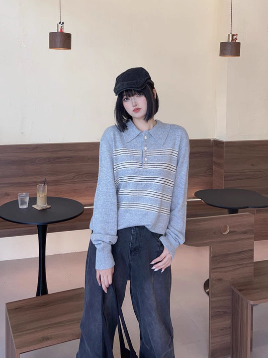 Grey Polo Stripe Knit Sweater Women