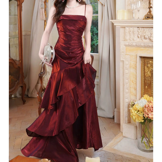 French Red Spaghetti Strap Adult Gown Dress