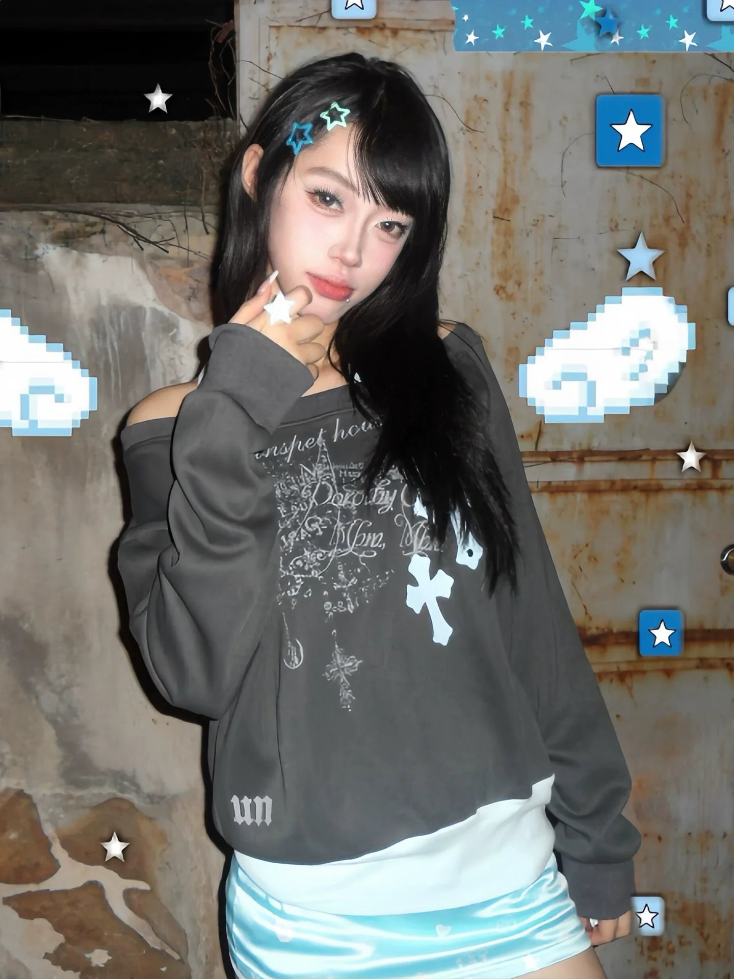 American Halter Faux-Layered Off-Shoulder Sweatshirt Cropped Y2K Top