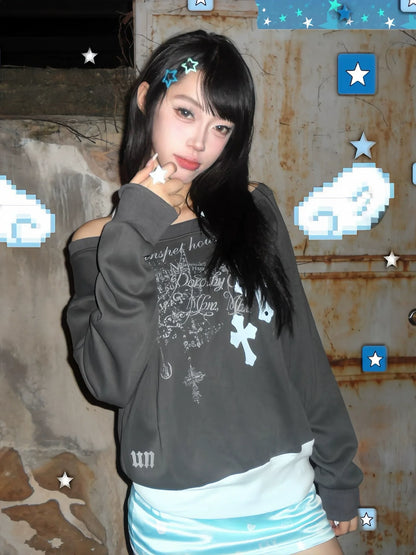 American Halter Faux-Layered Off-Shoulder Sweatshirt Cropped Y2K Top