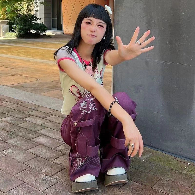 Tietie Girl (贴贴女孩) Subculture Y2K E-girl Retro Color-Block Cartoon Print Slim Short Top