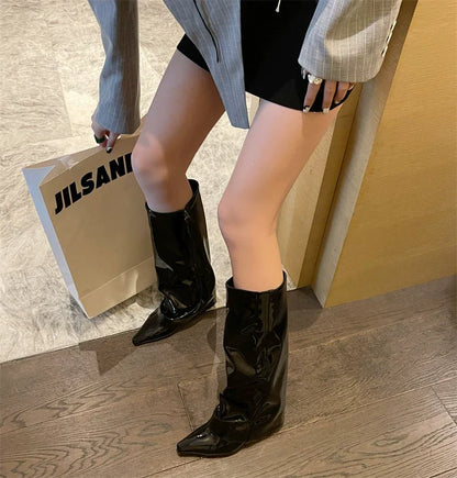 Wedge Trouser Boots High Heel Knee High Women European Spicy Girl Pointed Toe Black Patent Leather Trouser Boots