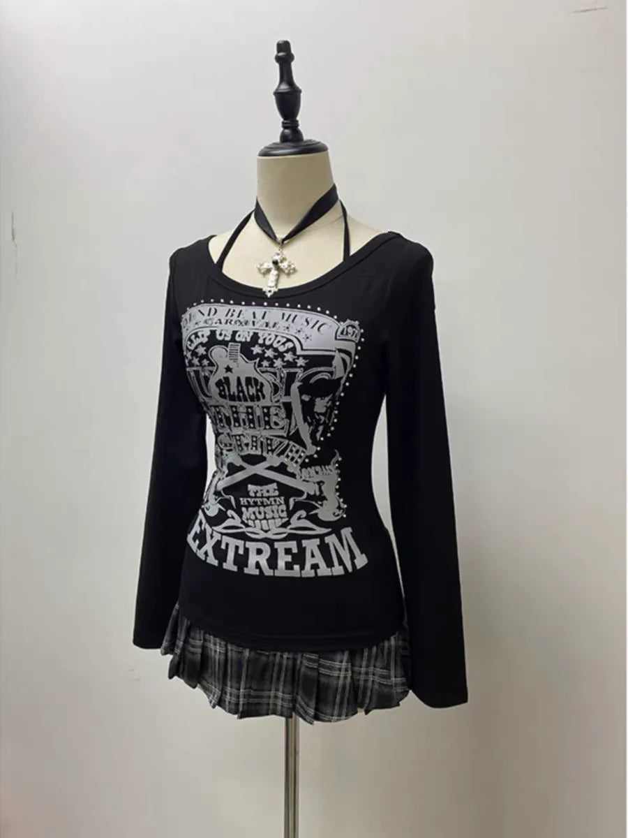 Black Gothic Vintage Print Designer Long Sleeve Y2K T-Shirt