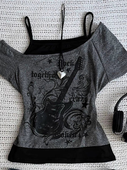 Black Subculture Rock Punk Fake Two-Piece Guitar Print Off-Shoulder Y2K T-Shirt