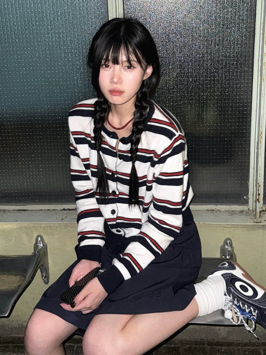 Korean Lazy Stripe Knit Cardigan Vintage College Top