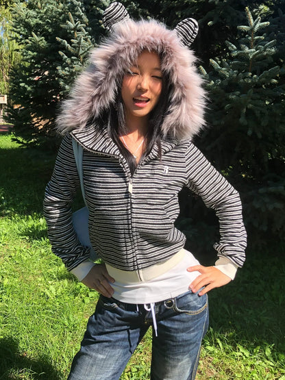 Y2K Rabbit Ear Stripe Hoodie for Autumn Winter