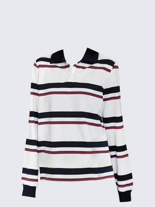College Striped Polo Long Sleeve T-shirt Women