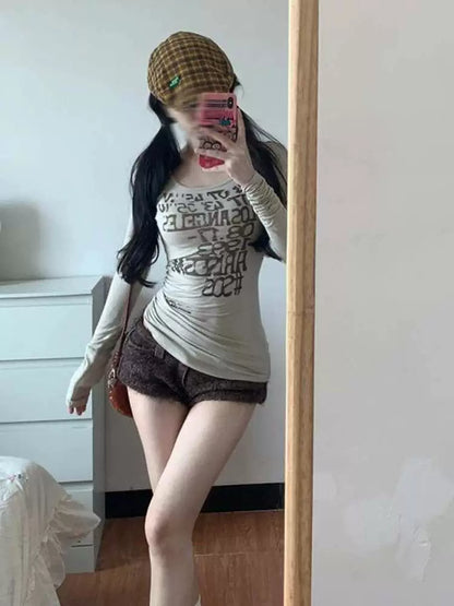 Light Khaki Graphic Print Square Neck Y2K T-Shirt