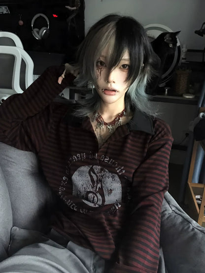 Subculture Black-Red Striped Polo Top Music Note Print Visual Kei Shirt
