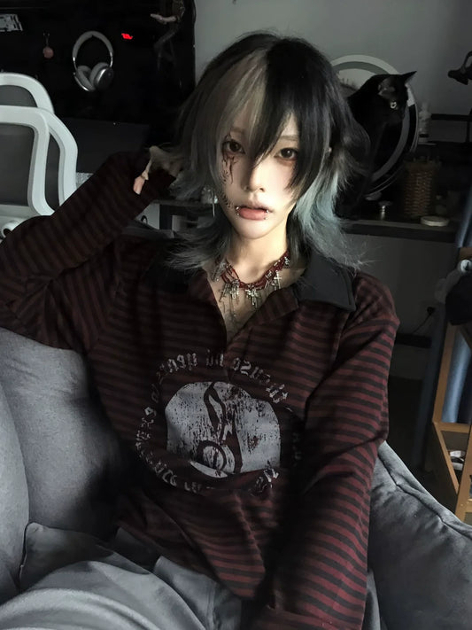 Subculture Black-Red Striped Polo Top Music Note Print Visual Kei Shirt
