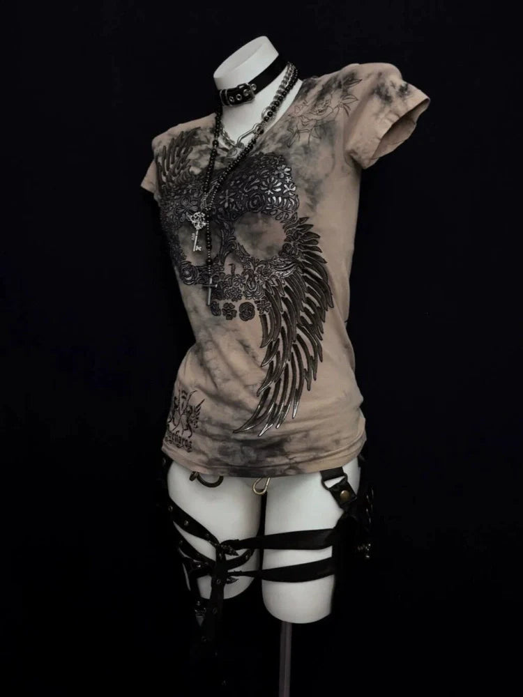 Spiked Wing Print Subculture Rock Punk Y2K Abi American Retro Waist-Cinched Short Sleeve Top