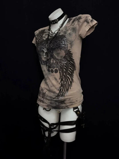 Spiked Wing Print Subculture Rock Punk Y2K Abi American Retro Waist-Cinched Short Sleeve Top