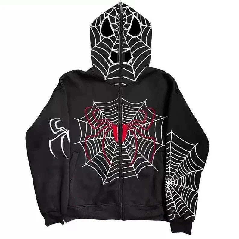 Red Y2K Punk Spider-Web Zip-Up Hoodie