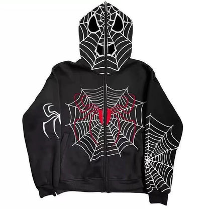 Red Y2K Punk Spider-Web Zip-Up Hoodie