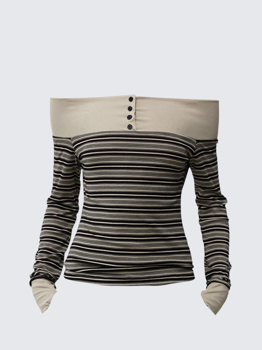 Korean Off-Shoulder Striped Long Sleeve Top