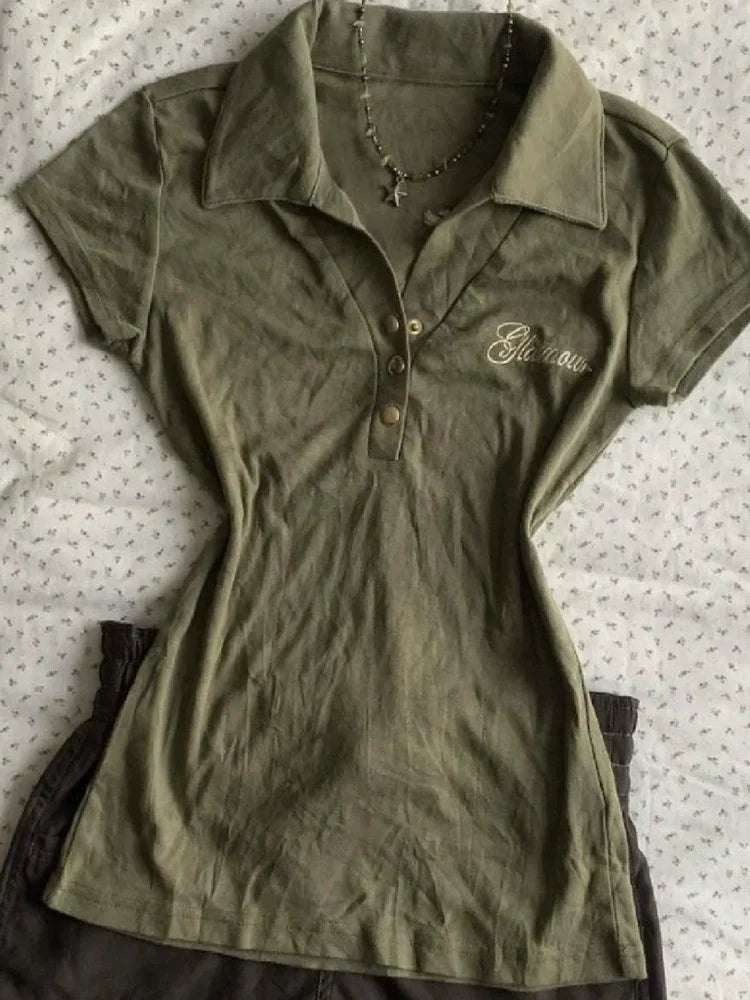 Army Green Subculture Y2K Abi E-girl American Retro Polo-Collar Short Sleeve Top