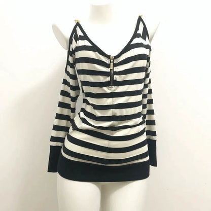 Striped Punk Y2K E-girl Retro Vintage Open-Back V-neck Long Sleeve Top