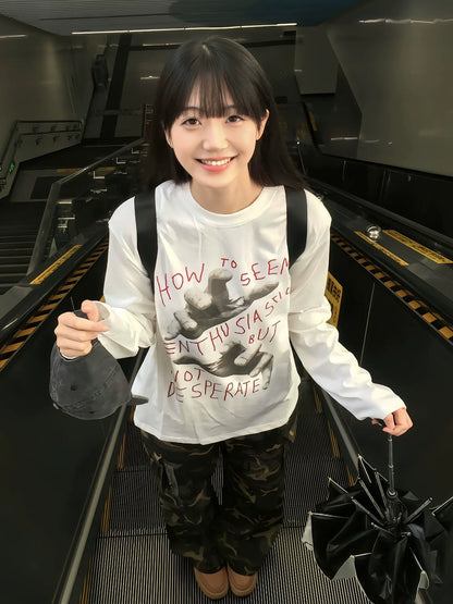 Korean Comfy White Long Sleeve Loose Fit Base Layer Top