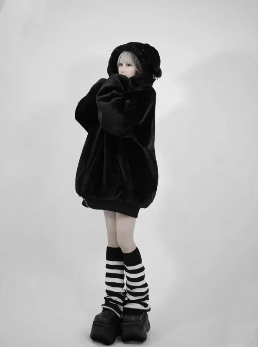 Dark Punk Lamb Ear Faux Fur Coat