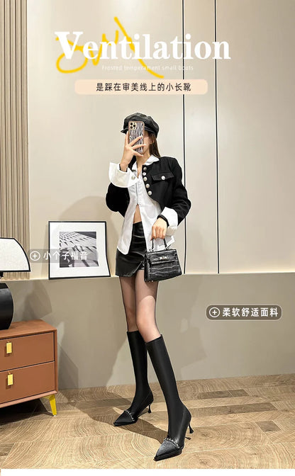 Minimalist Chic Pointed Toe Boots Women Winter New French Stretchy Over The Knee Biker Knee High Boots
