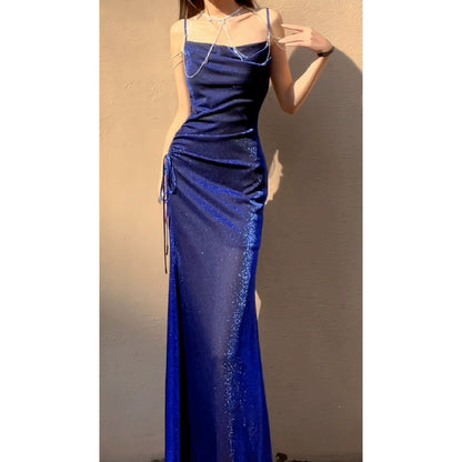 Blue Shimmer Knit Fishtail Gown Dress