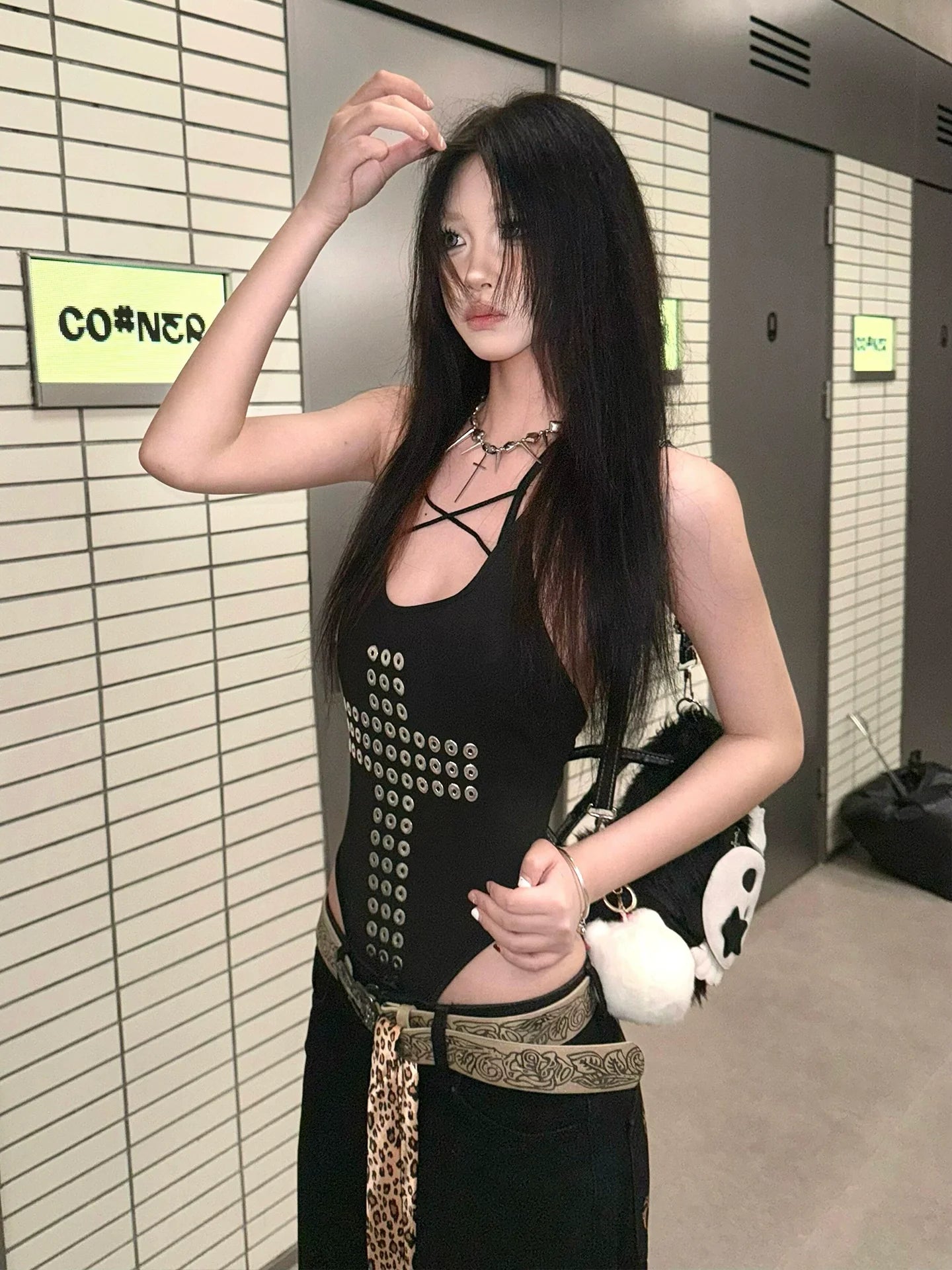 American Hot-Girl Black Halter Tank Metal Studded Punk Visual Kei Top